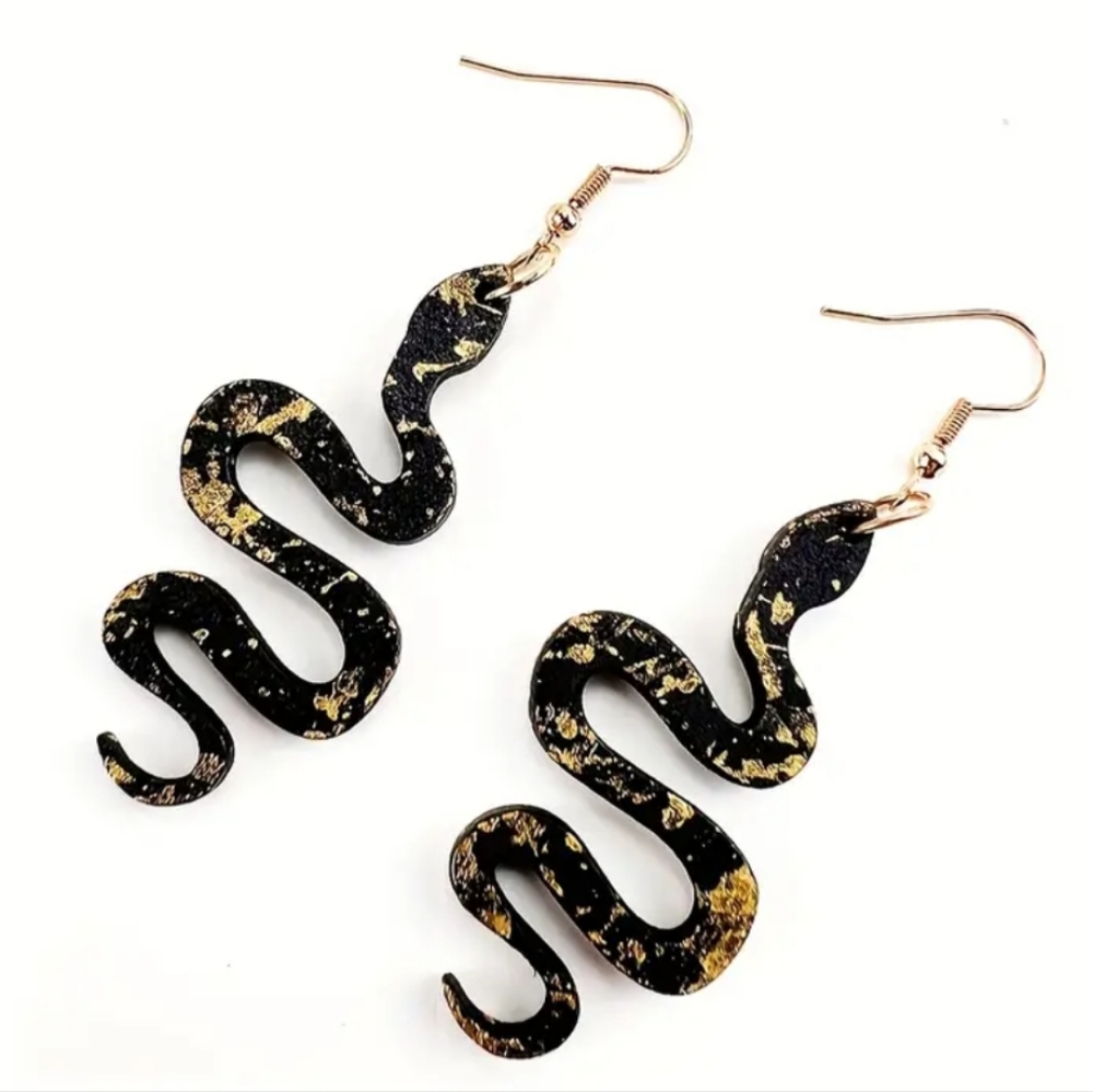 Snake Earrings Lightweight Black Gold Dangle